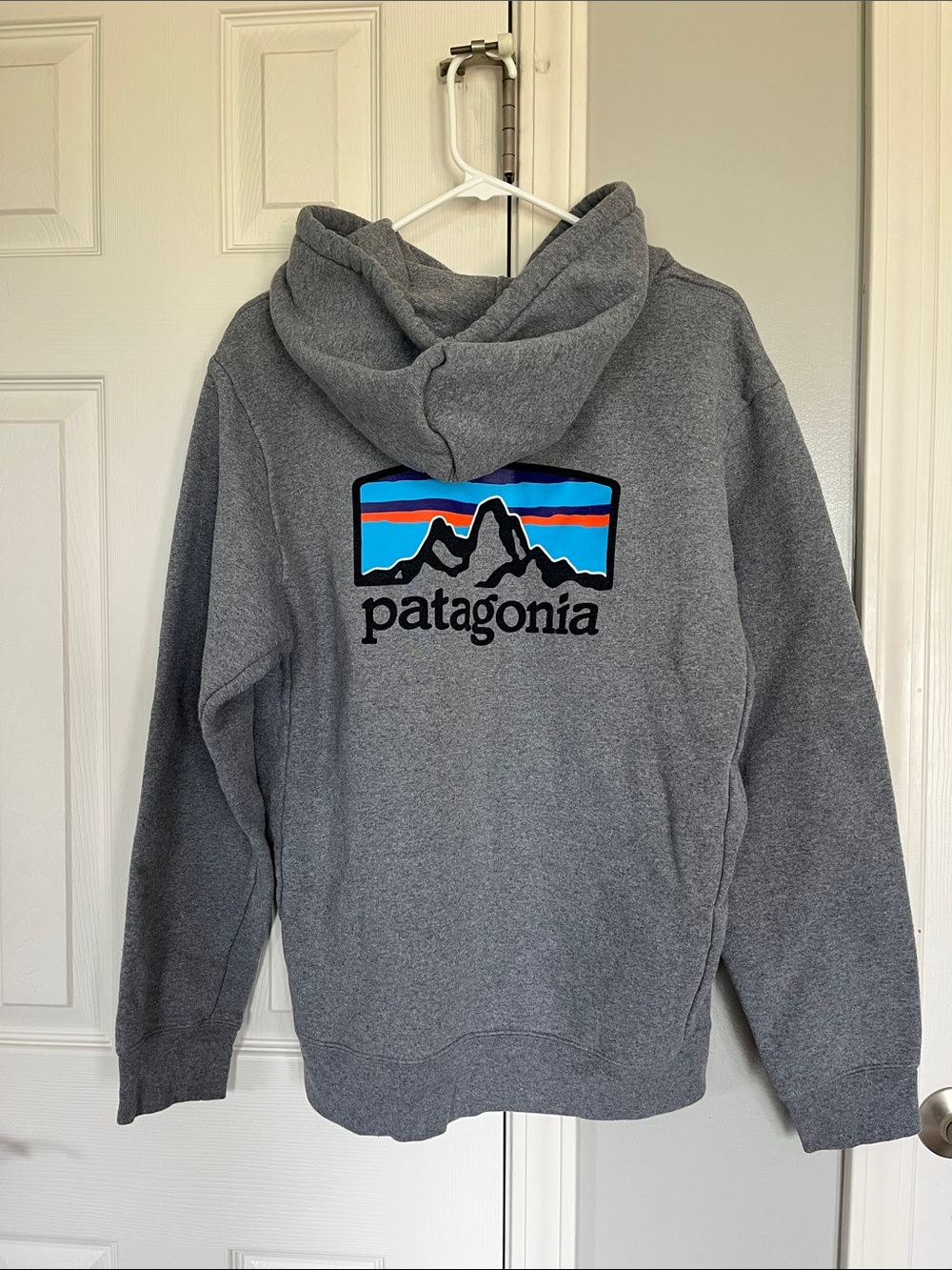 Patagonia Gray Hoodie with Multicolor Mountain Logo women’s size large